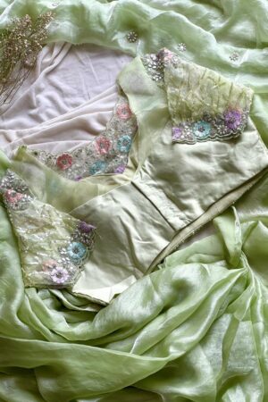 Pista green organza saree with 3D floral embroidery and designer blouse