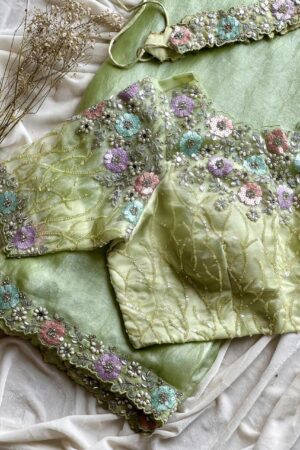 Pista green organza saree with 3D floral embroidery and designer blouse
